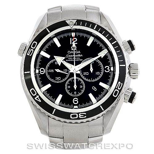 The image shows a front view of the Omega Planet Ocean 2210.50.00 Men's Stainless Steel Black Dial 2210.50.00 Men's Stainless Steel Black Dial watch, displaying its black dial, bezel, and stainless steel bracelet.