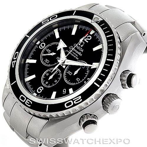 The image shows an angled view of the Omega Planet Ocean 2210.50.00 Men's Stainless Steel Black Dial 2210.50.00 Men's Stainless Steel Black Dial watch, highlighting the face, bezel, and side push buttons.