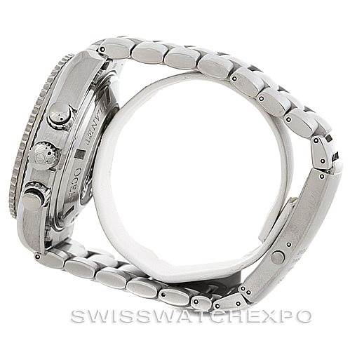 This side view of the Omega Planet Ocean 2210.50.00 Men's Stainless Steel Black Dial 2210.50.00 Men's Stainless Steel Black Dial shows the stainless steel bracelet and case along with the crown and pushers.