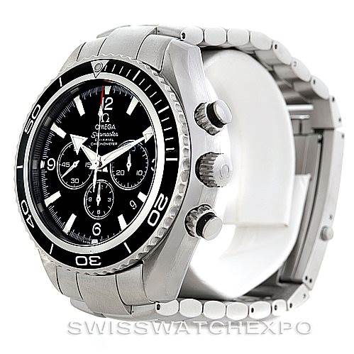 The image shows an angled side view of the Omega Planet Ocean 2210.50.00 Men's Stainless Steel Black Dial 2210.50.00 Men's Stainless Steel Black Dial watch, highlighting its dial, bezel, crown, and bracelet.