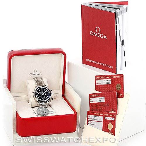 The image shows an Omega Planet Ocean 2210.50.00 Men's Stainless Steel Black Dial 2210.50.00 Men's Stainless Steel Black Dial watch with its box, operating instructions, chronometer certificate, and warranty cards.