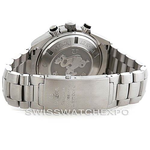 The image shows the back and bracelet of an Omega Planet Ocean 2210.50.00 Men's Stainless Steel Black Dial 2210.50.00 Men's Stainless Steel Black Dial watch, highlighting the clasp and case back.