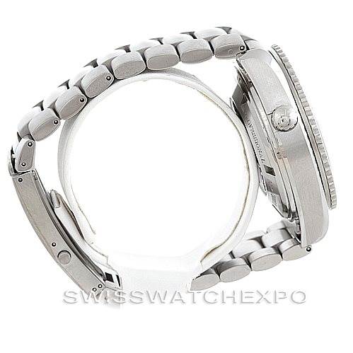 This image shows the side view of an Omega Planet Ocean 2210.50.00 Men's Stainless Steel Black Dial 2210.50.00 Men's Stainless Steel Black Dial watch, highlighting the bracelet and case thickness.