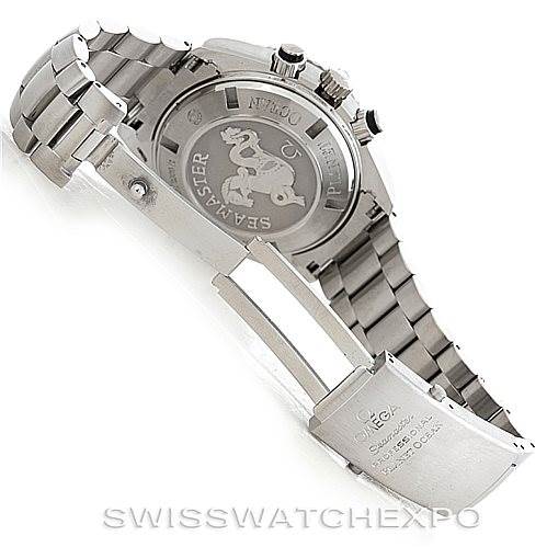 This image shows the back and bracelet of the Omega Planet Ocean 2210.50.00 Men's Stainless Steel Black Dial 2210.50.00 Men's Stainless Steel Black Dial watch, highlighting the clasp and etched case back.