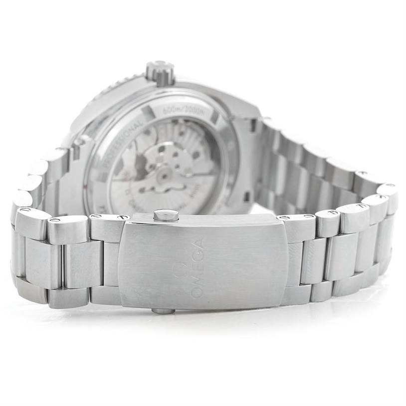 The image shows the back of the Omega Planet Ocean 232.30.42.21.01.003 Men's Stainless Steel Black Dial 232.30.42.21.01.003 Men's Stainless Steel Black Dial watch, highlighting the clasp and the transparent case back.