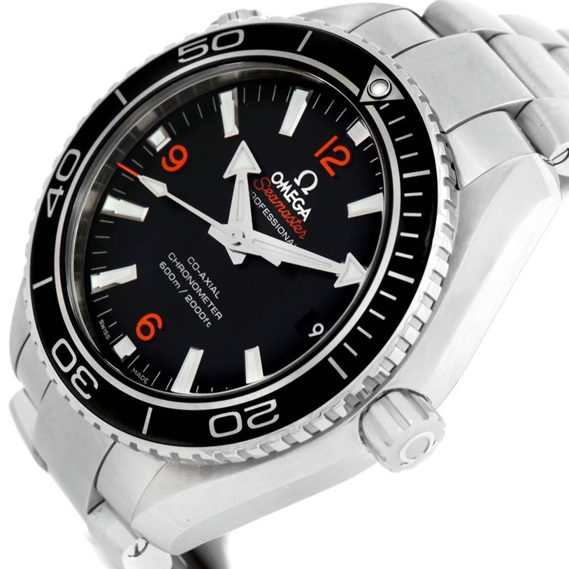 This is a close-up of an Omega Planet Ocean 232.30.42.21.01.003 Men's Stainless Steel Black Dial 232.30.42.21.01.003 Men's Stainless Steel Black Dial watch, showing the dial, bezel, and part of the bracelet.