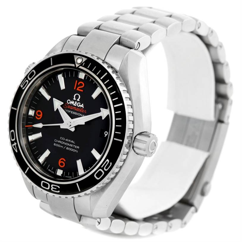 The Omega Planet Ocean 232.30.42.21.01.003 Men's Stainless Steel Black Dial 232.30.42.21.01.003 Men's Stainless Steel Black Dial watch is shown at a slight angle, displaying the face, bezel, crown, and part of the metal bracelet.