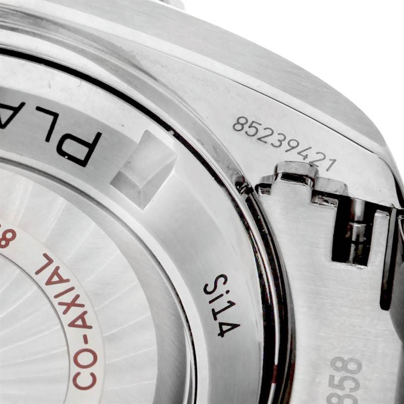 The close-up angle shows the case back with serial number, partial sapphire crystal, and mechanism of the Omega Planet Ocean 232.30.42.21.01.003 Men's Stainless Steel Black Dial 232.30.42.21.01.003 Men's Stainless Steel Black Dial watch.