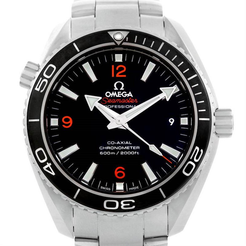 This image shows a front view of the Omega Planet Ocean Seamaster watch, highlighting its dial, bezel, and bracelet.