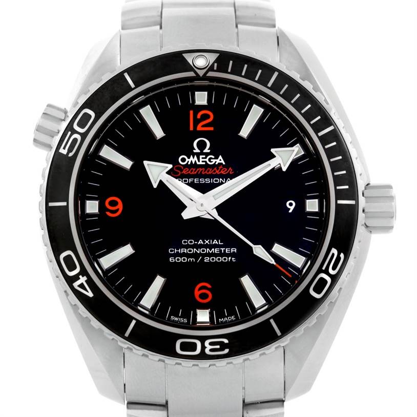 This image shows a front view of the Omega Planet Ocean 232.30.42.21.01.003 Men's Stainless Steel Black Dial 232.30.42.21.01.003 Men's Stainless Steel Black Dial Seamaster watch, highlighting its dial, bezel, and bracelet.
