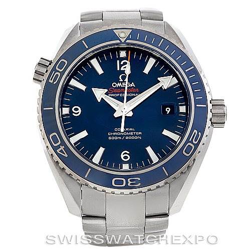 The image shows a front view of the Omega Planet Ocean 232.90.46.21.03.001 Men's Titanium Blue Dial 232.90.46.21.03.001 Men's Titanium Blue Dial model watch, featuring a blue dial and bezel with a stainless steel bracelet.
