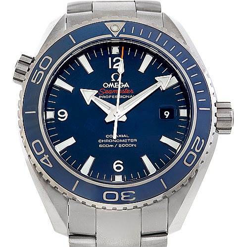 The Omega Planet Ocean 232.90.46.21.03.001 Men's Titanium Blue Dial 232.90.46.21.03.001 Men's Titanium Blue Dial watch is shown from the front, displaying the bezel, dial, hands, bracelet, and crown.