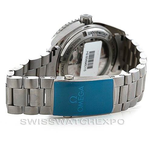 The image shows the back of the Omega Planet Ocean 232.90.46.21.03.001 Men's Titanium Blue Dial 232.90.46.21.03.001 Men's Titanium Blue Dial watch, highlighting the bracelet and clasp.