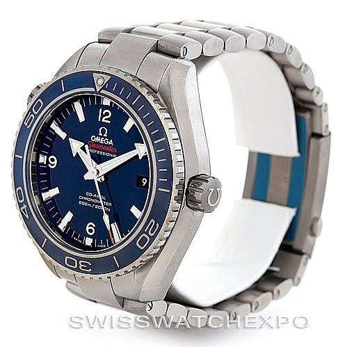 The image shows an Omega Planet Ocean 232.90.46.21.03.001 Men's Titanium Blue Dial 232.90.46.21.03.001 Men's Titanium Blue Dial watch at a three-quarter angle, highlighting its face, bezel, crown, and bracelet.