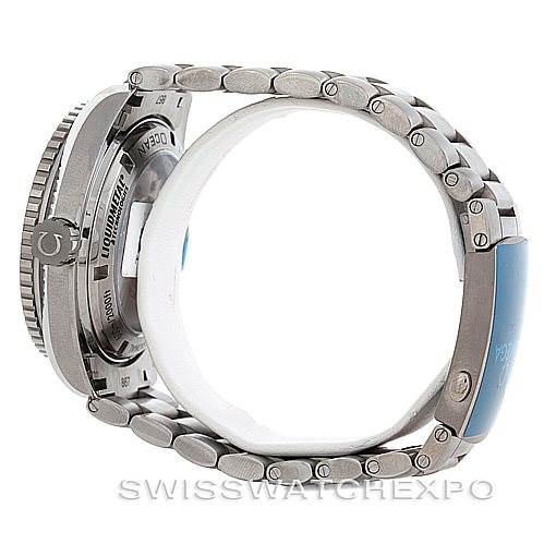 The image shows a side view of an Omega Planet Ocean 232.90.46.21.03.001 Men's Titanium Blue Dial 232.90.46.21.03.001 Men's Titanium Blue Dial watch, showcasing its case back, crown, and metal bracelet.