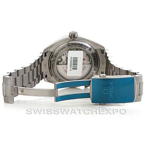 This image shows the back view of the Omega Planet Ocean 232.90.46.21.03.001 Men's Titanium Blue Dial 232.90.46.21.03.001 Men's Titanium Blue Dial watch with its stainless steel bracelet and clasp prominently displayed.