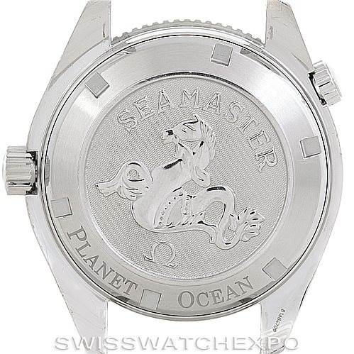 This image shows the case back of the Omega Planet Ocean 2209.50.00 Men
s Stainless Steel Black Dial 2209.50.00 Men
s Stainless Steel Black Dial watch, highlighting the Seamaster engraving and Omega logo.