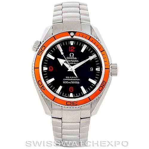 The image shows a front view of an Omega Planet Ocean 2209.50.00 Men
s Stainless Steel Black Dial 2209.50.00 Men
s Stainless Steel Black Dial watch, featuring a silver strap, black dial, and orange bezel.