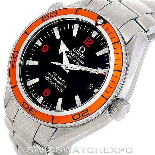 The image displays a side angle view of an Omega Planet Ocean 2209.50.00 Men
s Stainless Steel Black Dial 2209.50.00 Men
s Stainless Steel Black Dial watch, featuring its orange bezel, black dial, and stainless steel bracelet.