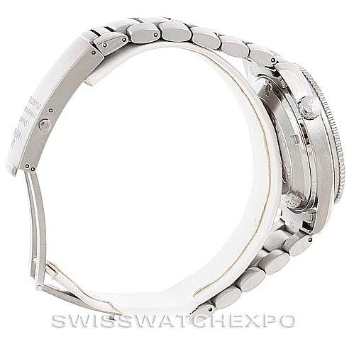 The image shows a side view of the Omega Planet Ocean 2209.50.00 Men
s Stainless Steel Black Dial 2209.50.00 Men
s Stainless Steel Black Dial watch, highlighting the bracelet, clasp, and case thickness.