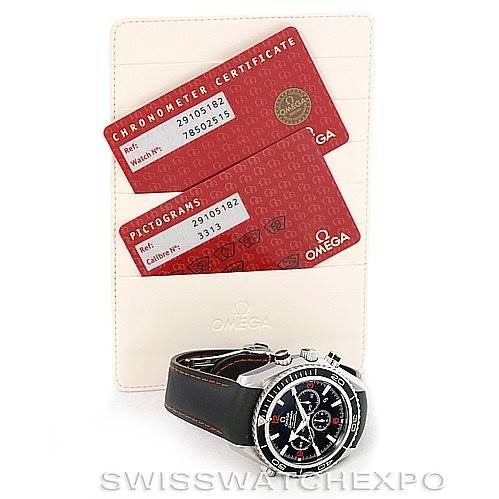 The image shows the Omega Planet Ocean 2910.51.82 Men
s Stainless Steel Black Dial 2910.51.82 Men
s Stainless Steel Black Dial watch placed in front of two Best Quality
ation cards and a white Omega wallet.