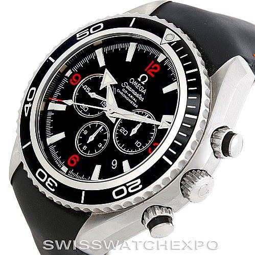 This image shows an angled view of the Omega Planet Ocean 2910.51.82 Men
s Stainless Steel Black Dial 2910.51.82 Men
s Stainless Steel Black Dial watch, highlighting its bezel, crown, and chronograph pushers.