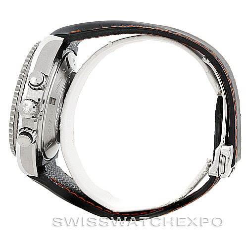 This side view of the Omega Planet Ocean 2910.51.82 Men
s Stainless Steel Black Dial 2910.51.82 Men
s Stainless Steel Black Dial model watch shows the watch case, crown, pushers, and partially the strap and buckle.