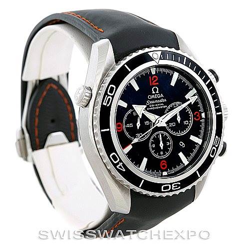 This image features a side-angle view of the Omega Planet Ocean 2910.51.82 Men
s Stainless Steel Black Dial 2910.51.82 Men
s Stainless Steel Black Dial watch, highlighting its bezel, dial, and leather strap.