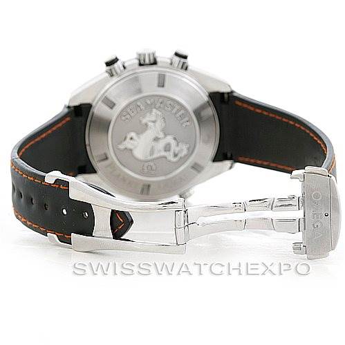 This image shows the back of the Omega Planet Ocean 2910.51.82 Men
s Stainless Steel Black Dial 2910.51.82 Men
s Stainless Steel Black Dial watch, featuring the case back and the open clasp of the strap.