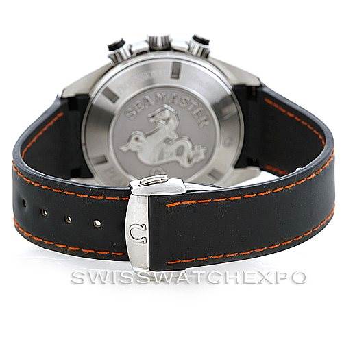 The image shows the back and strap of an Omega Planet Ocean 2910.51.82 Men
s Stainless Steel Black Dial 2910.51.82 Men
s Stainless Steel Black Dial watch, featuring a logo-engraved case back and black strap with orange stitching.