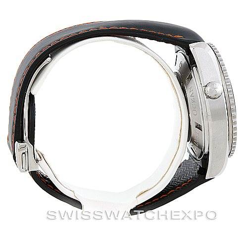 This image showcases the side profile of the Omega Planet Ocean 2910.51.82 Men
s Stainless Steel Black Dial 2910.51.82 Men
s Stainless Steel Black Dial watch, highlighting the case, crown, and strap.