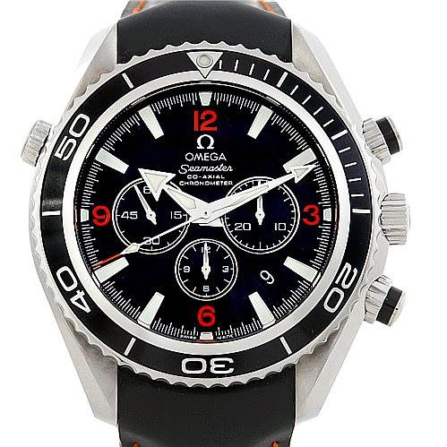 The image shows a front view of the Omega Seamaster Planet Ocean watch, showcasing its dial, bezel, and chronograph sub-dials.