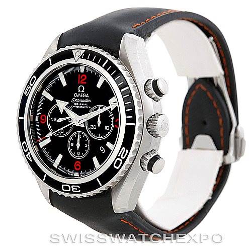 The image shows an angled side view of the Omega Planet Ocean 2910.51.82 Men
s Stainless Steel Black Dial 2910.51.82 Men
s Stainless Steel Black Dial watch, highlighting the face, bezel, crown, and pushers.