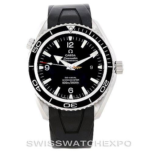 The image shows a front view of the Omega Planet Ocean 2907.50.91 Men's Stainless Steel Black Dial 2907.50.91 Men's Stainless Steel Black Dial watch, highlighting the dial, bezel, and rubber strap.
