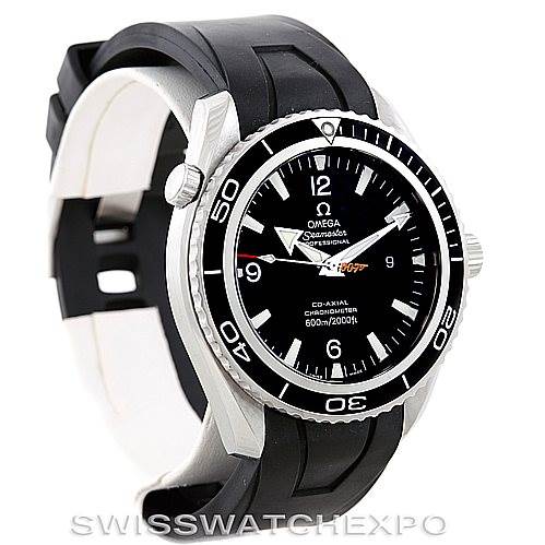 The Omega Planet Ocean 2907.50.91 Men's Stainless Steel Black Dial 2907.50.91 Men's Stainless Steel Black Dial watch is shown at a three-quarter angle, highlighting the dial, bezel, and rubber strap.