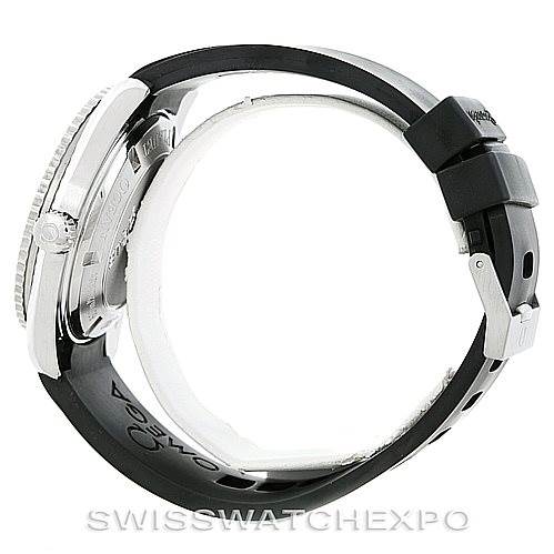 This image shows a side profile of the Omega Planet Ocean 2907.50.91 Men's Stainless Steel Black Dial 2907.50.91 Men's Stainless Steel Black Dial watch, displaying its case, crown, and rubber strap with a clasp.