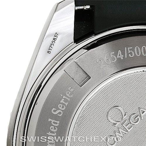 The image shows the back case of the Omega Planet Ocean 2907.50.91 Men's Stainless Steel Black Dial 2907.50.91 Men's Stainless Steel Black Dial watch, highlighting the serial number and limited series engraving.