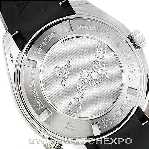 The image shows the back case of an Omega Planet Ocean 2907.50.91 Men's Stainless Steel Black Dial 2907.50.91 Men's Stainless Steel Black Dial watch, featuring "Casino Royale" engraving and a limited edition number.