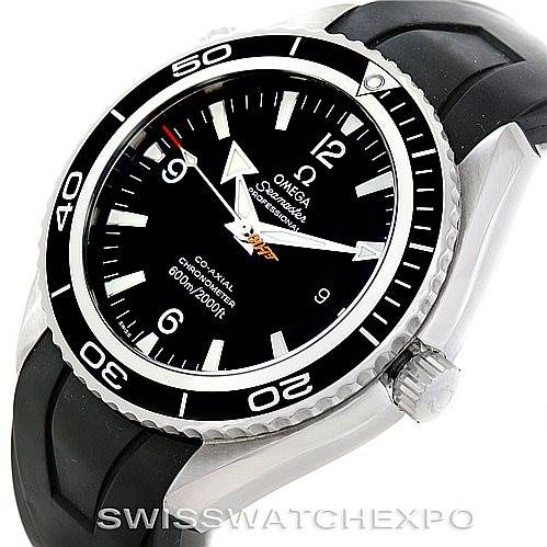 The image shows an angled view of the Omega Planet Ocean 2907.50.91 Men's Stainless Steel Black Dial 2907.50.91 Men's Stainless Steel Black Dial watch displaying its face, bezel, and rubber strap.