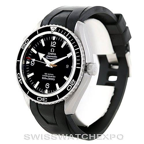 The image shows an Omega Planet Ocean 2907.50.91 Men's Stainless Steel Black Dial 2907.50.91 Men's Stainless Steel Black Dial watch from a front-left angle, displaying the black dial, bezel, crown, and rubber strap.