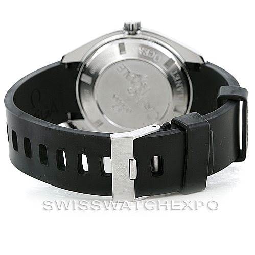 The image shows the back view of an Omega Planet Ocean 2907.50.91 Men's Stainless Steel Black Dial 2907.50.91 Men's Stainless Steel Black Dial watch, highlighting the case back and black rubber strap with a buckle.