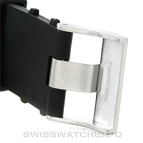 The image shows a close-up of the stainless steel buckle on the black strap of the Omega Planet Ocean 2907.50.91 Men's Stainless Steel Black Dial 2907.50.91 Men's Stainless Steel Black Dial watch.