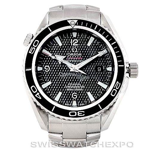 The image shows a front view of the Omega Planet Ocean 222.30.46.20.01.001 Men's Stainless Steel Black Dial 222.30.46.20.01.001 Men's Stainless Steel Black Dial watch, highlighting its dial, bezel, and stainless steel bracelet.