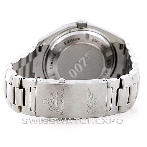 The image shows the back of an Omega Planet Ocean 222.30.46.20.01.001 Men's Stainless Steel Black Dial 222.30.46.20.01.001 Men's Stainless Steel Black Dial watch, highlighting the case back and bracelet clasp with "007" branding.