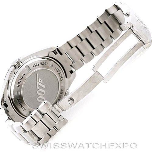 The image shows the rear view of the Omega Planet Ocean 222.30.46.20.01.001 Men's Stainless Steel Black Dial 222.30.46.20.01.001 Men's Stainless Steel Black Dial watch, highlighting the bracelet and case back, including the engraved design.