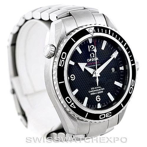 This image shows an Omega Planet Ocean 222.30.46.20.01.001 Men's Stainless Steel Black Dial 222.30.46.20.01.001 Men's Stainless Steel Black Dial watch at an angled front view, highlighting its bezel, crown, dial, and bracelet.