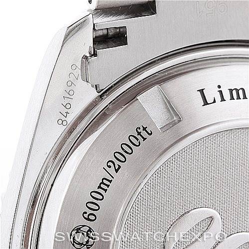 The image shows a close-up of the Omega Planet Ocean 222.30.46.20.01.001 Men's Stainless Steel Black Dial 222.30.46.20.01.001 Men's Stainless Steel Black Dial watch's case back, highlighting the "600m/2000ft" water resistance marking.