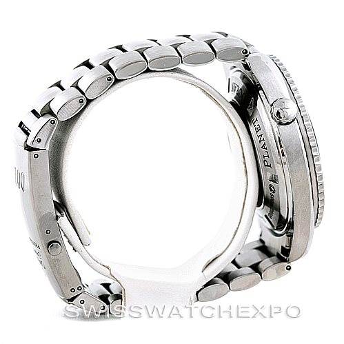 The image shows a side view of the Omega Planet Ocean 222.30.46.20.01.001 Men's Stainless Steel Black Dial 222.30.46.20.01.001 Men's Stainless Steel Black Dial watch, highlighting its bracelet, crown, and case back.