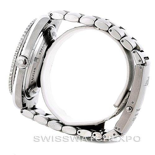 The image shows a side view of an Omega Planet Ocean 222.30.46.20.01.001 Men's Stainless Steel Black Dial 222.30.46.20.01.001 Men's Stainless Steel Black Dial watch, highlighting its metal bracelet, case, and bezel.