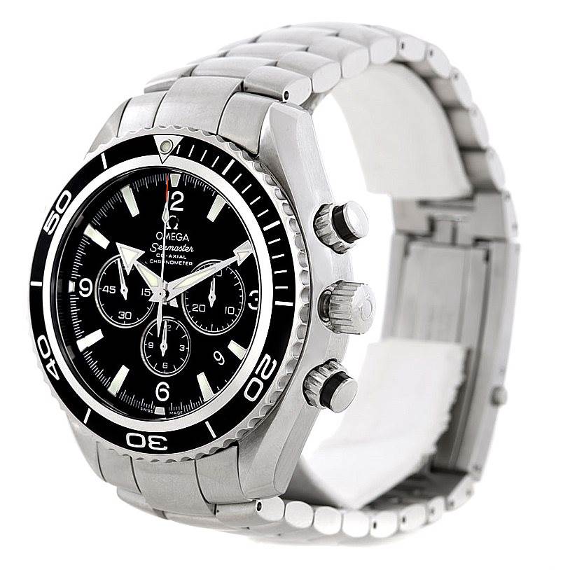 This image shows a side-angle view of an Omega Planet Ocean 2210.50.00 Men's Stainless Steel Black Dial 2210.50.00 Men's Stainless Steel Black Dial watch, highlighting the face, bezel, crown, and bracelet.